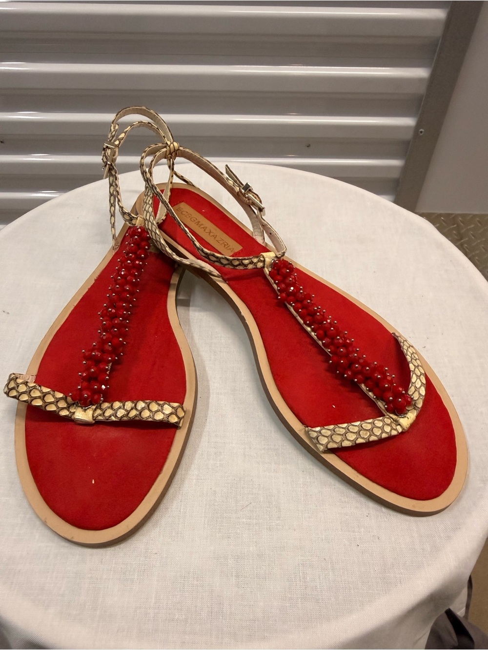 BCBGMaxAzria Red Suede Beaded T-Strap Sandals with Gold Braided Trim